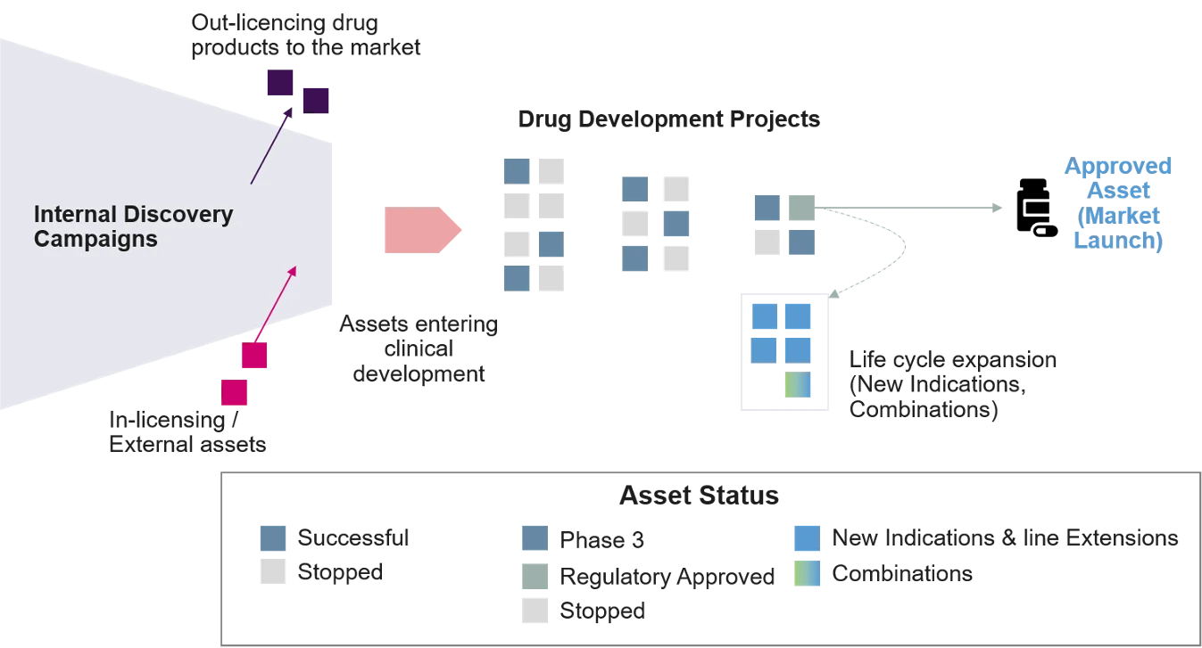 A portfolio funnel. Internal discovery campaigns and in-licensed external assets feed drug development projects, some of which are out-licensed to market; assets progress through development phases to an approved asset at market launch, with life-cycle expansion into new indications and combinations. A legend codes asset status: successful, stopped, Phase 3, regulatory approved, new indications and line extensions, and combinations.
