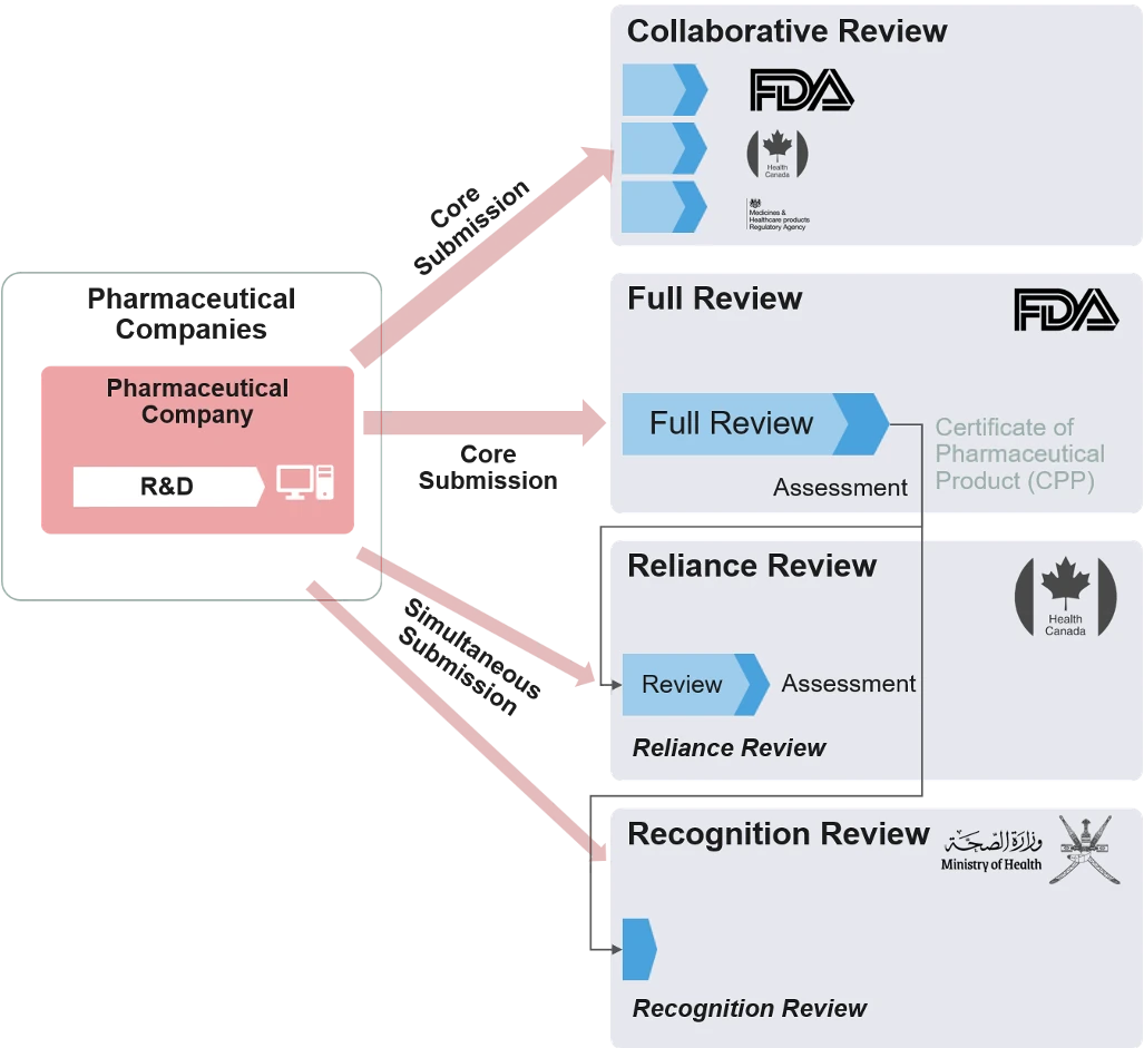 Review models across health authorities. From a pharmaceutical company's R&D, a core or simultaneous submission feeds four review models: collaborative review (several authorities reviewing together), full review (an authority's own assessment, yielding a Certificate of Pharmaceutical Product), reliance review (relying on another authority's assessment) and recognition review (recognising another authority's decision).